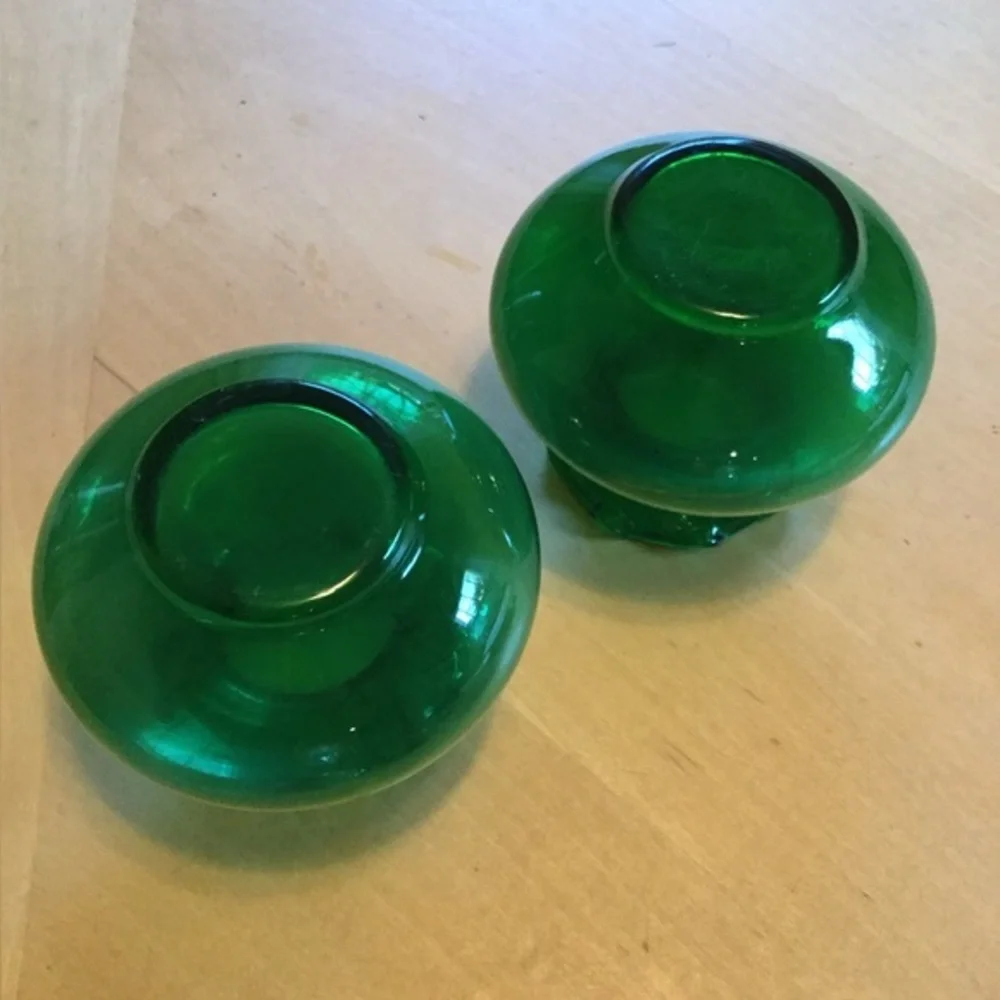 Vintage Green Glass Vases Ruffled Top Set of 2
